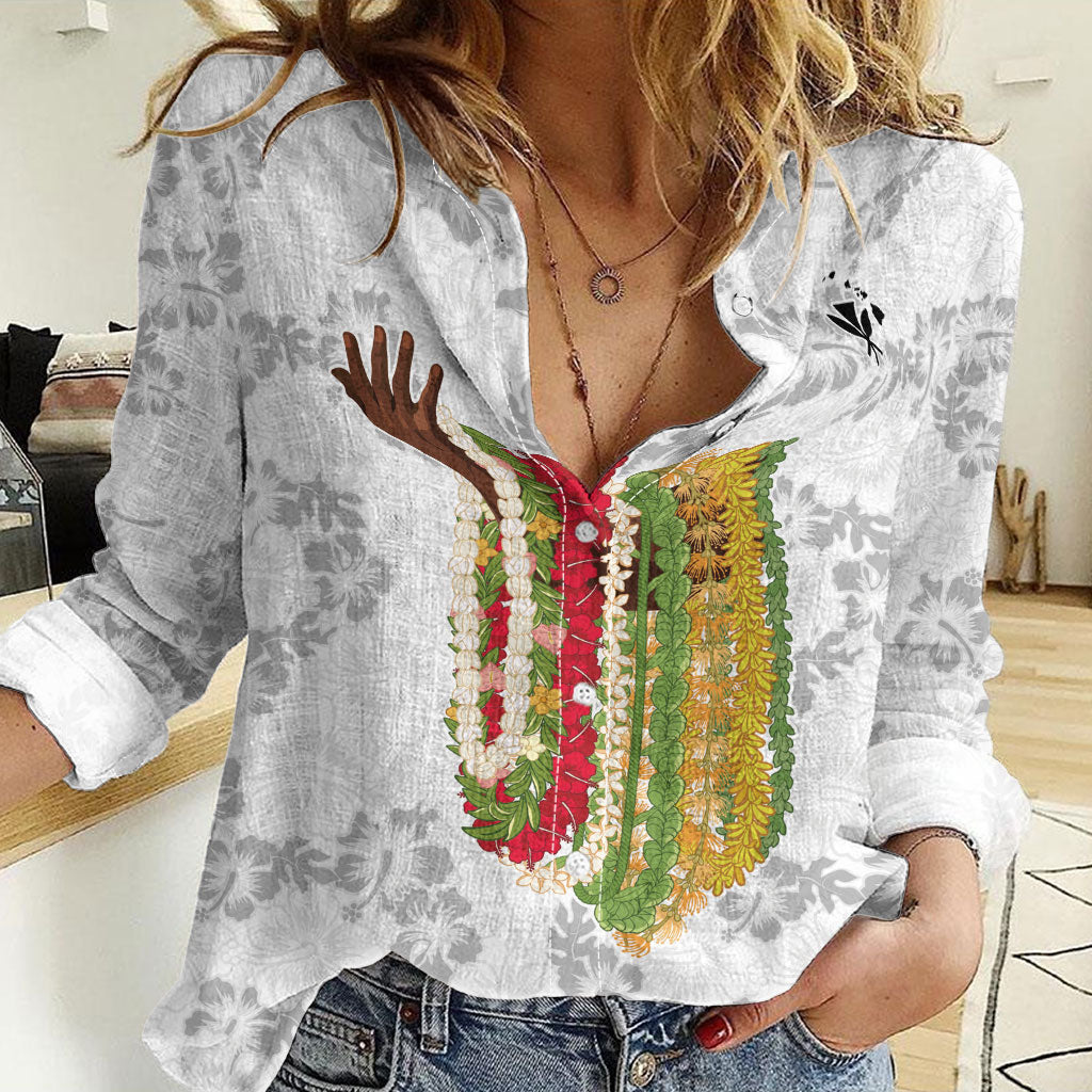 Hawaii Lei Kamehameha Women Casual Shirt Ke'oke'o Seamless Pattern Hibiscus Flower LT9 Female White - Polynesian Pride