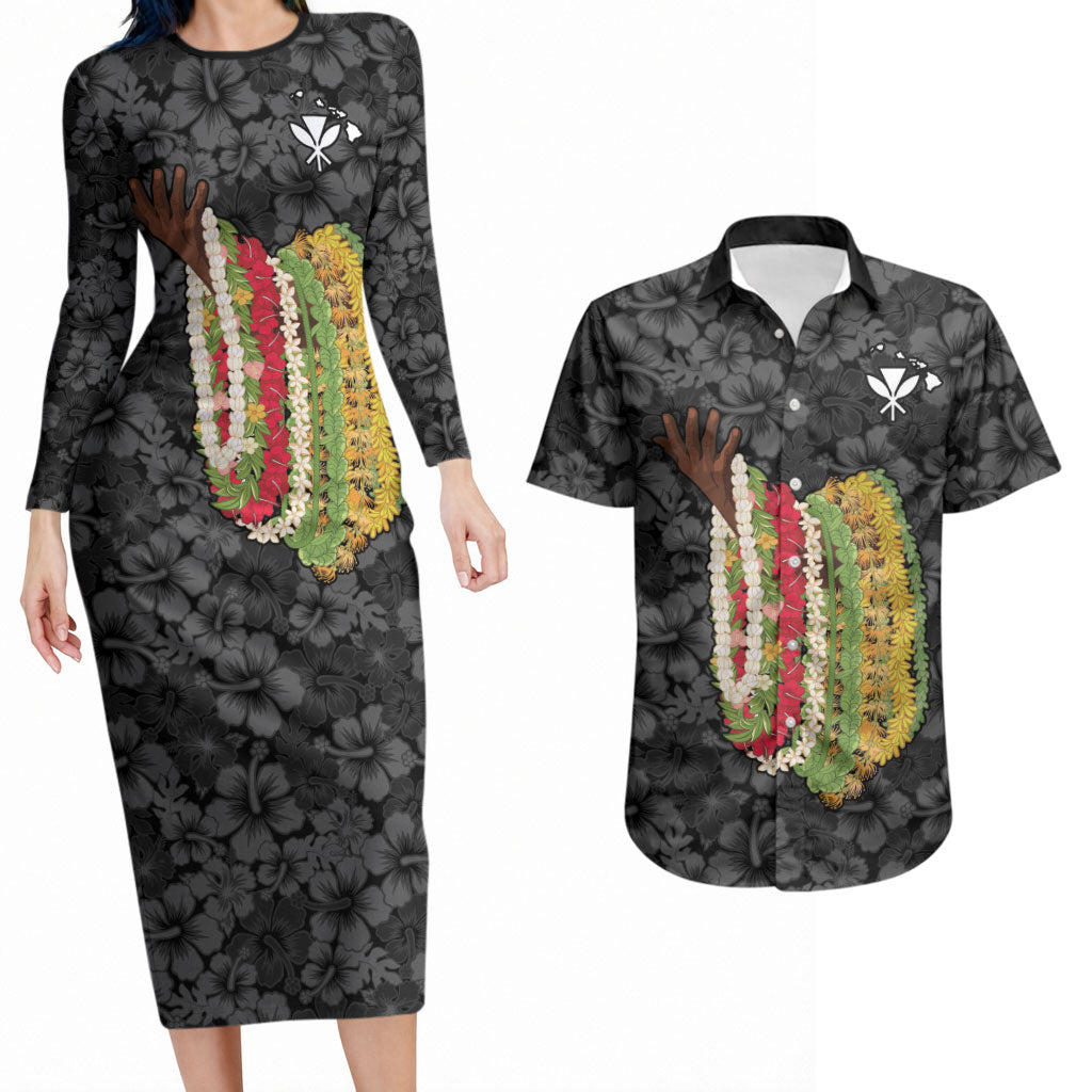 Hawaii Lei Kamehameha Couples Matching Long Sleeve Bodycon Dress and Hawaiian Shirt Ele'ele Seamless Pattern Hibiscus Flower LT9 Black - Polynesian Pride