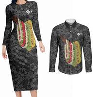Hawaii Lei Kamehameha Couples Matching Long Sleeve Bodycon Dress and Long Sleeve Button Shirt Ele'ele Seamless Pattern Hibiscus Flower LT9 Black - Polynesian Pride