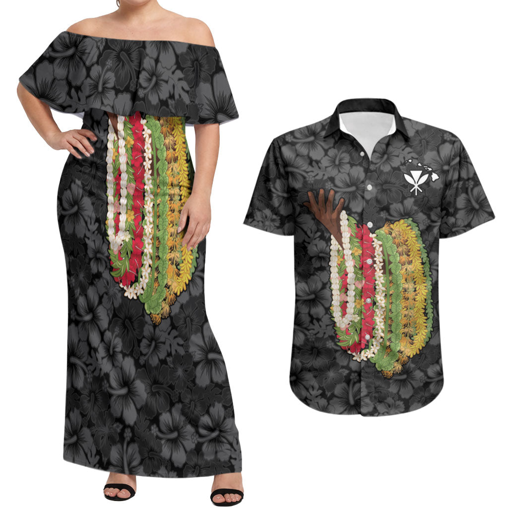 Hawaii Lei Kamehameha Couples Matching Off Shoulder Maxi Dress and Hawaiian Shirt Ele'ele Seamless Pattern Hibiscus Flower LT9 Black - Polynesian Pride