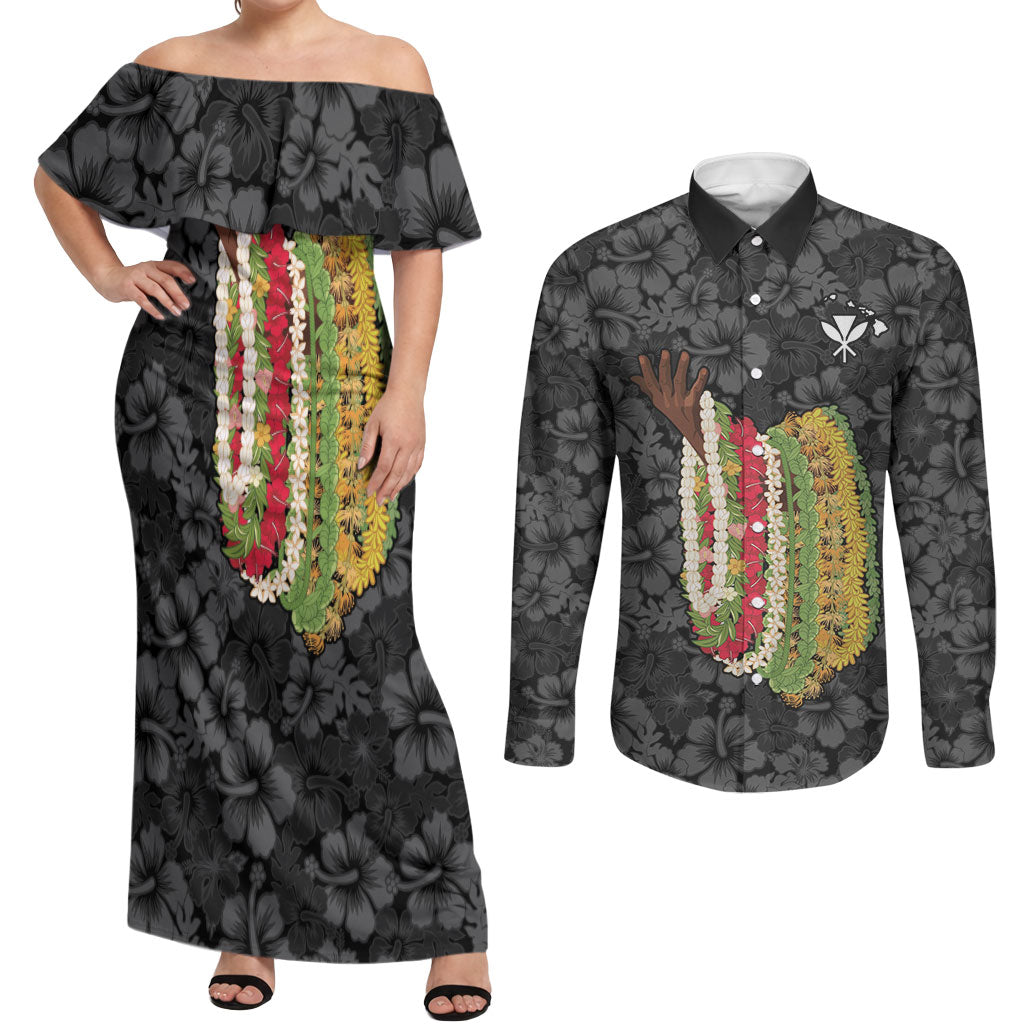 Hawaii Lei Kamehameha Couples Matching Off Shoulder Maxi Dress and Long Sleeve Button Shirt Ele'ele Seamless Pattern Hibiscus Flower LT9 Black - Polynesian Pride