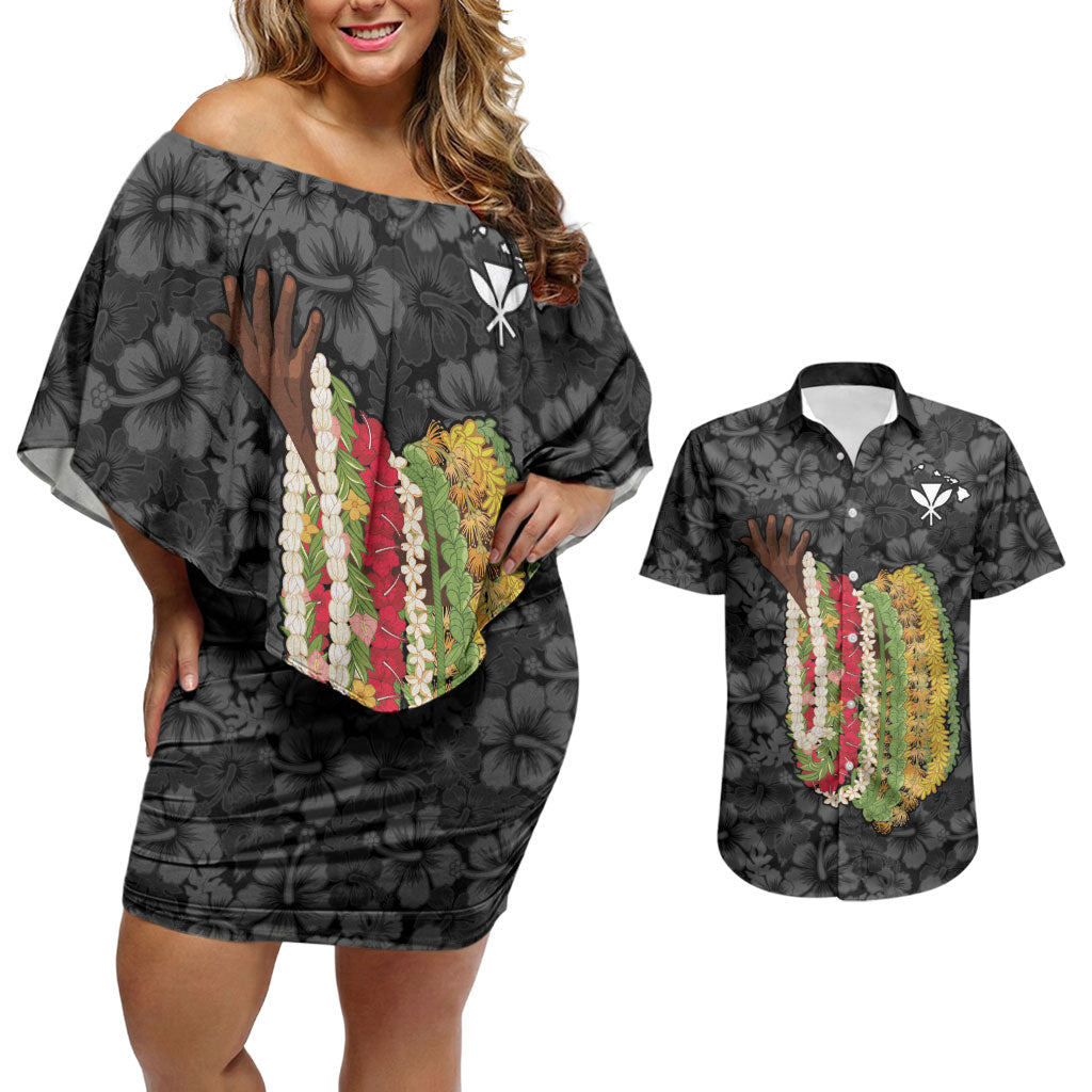 Hawaii Lei Kamehameha Couples Matching Off Shoulder Short Dress and Hawaiian Shirt Ele'ele Seamless Pattern Hibiscus Flower LT9 Black - Polynesian Pride