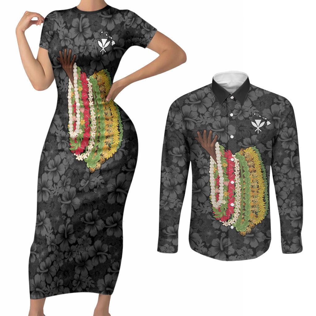 Hawaii Lei Kamehameha Couples Matching Short Sleeve Bodycon Dress and Long Sleeve Button Shirt Ele'ele Seamless Pattern Hibiscus Flower LT9 Black - Polynesian Pride
