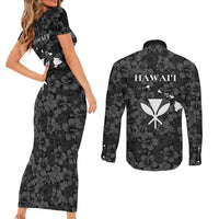 Hawaii Lei Kamehameha Couples Matching Short Sleeve Bodycon Dress and Long Sleeve Button Shirt Ele'ele Seamless Pattern Hibiscus Flower