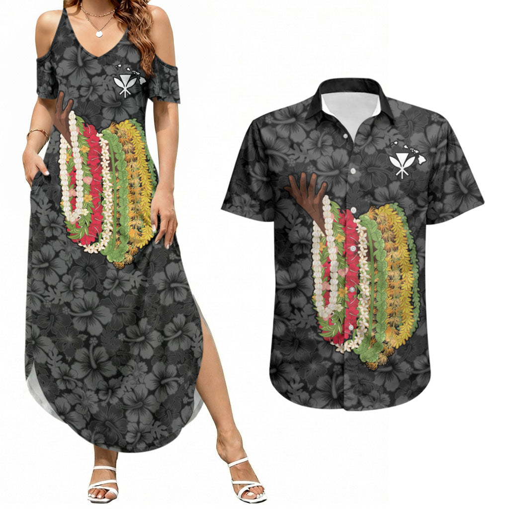 Hawaii Lei Kamehameha Couples Matching Summer Maxi Dress and Hawaiian Shirt Ele'ele Seamless Pattern Hibiscus Flower LT9 Black - Polynesian Pride