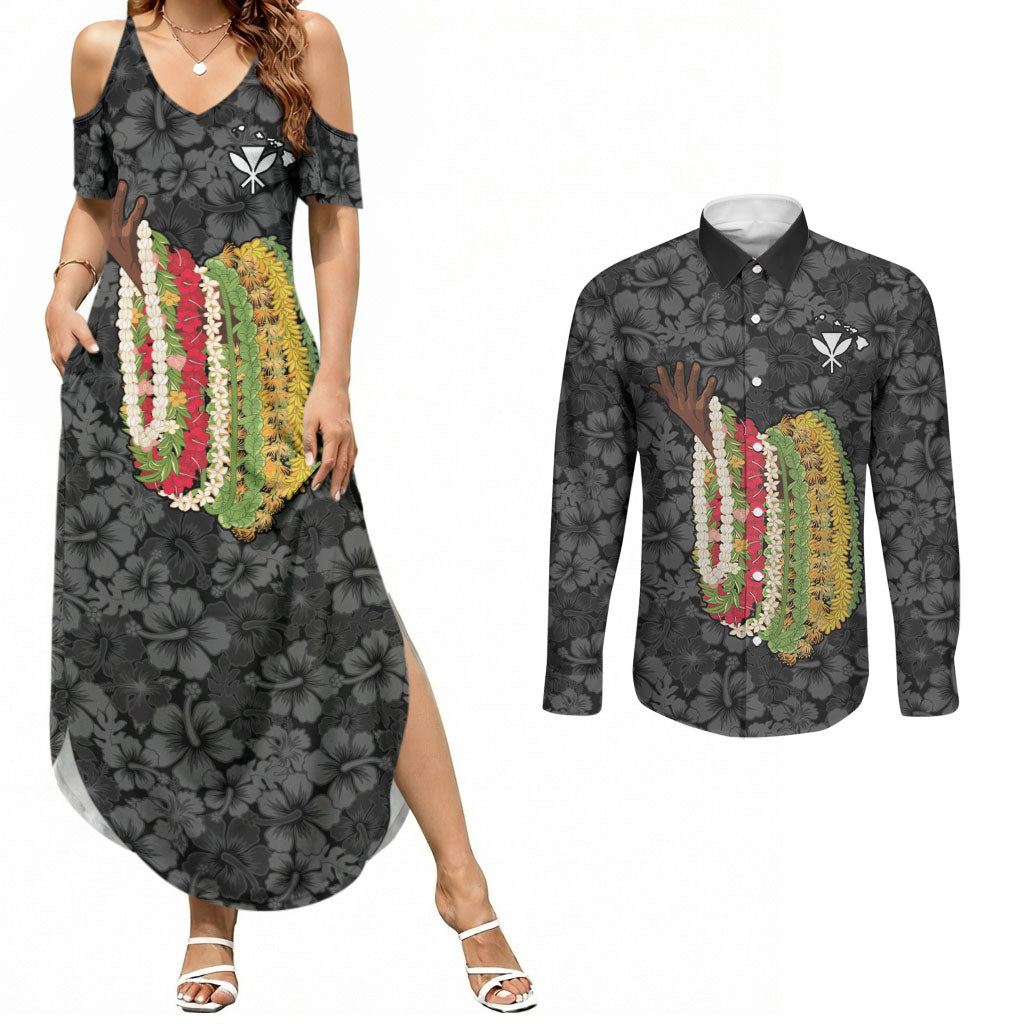 Hawaii Lei Kamehameha Couples Matching Summer Maxi Dress and Long Sleeve Button Shirt Ele'ele Seamless Pattern Hibiscus Flower LT9 Black - Polynesian Pride