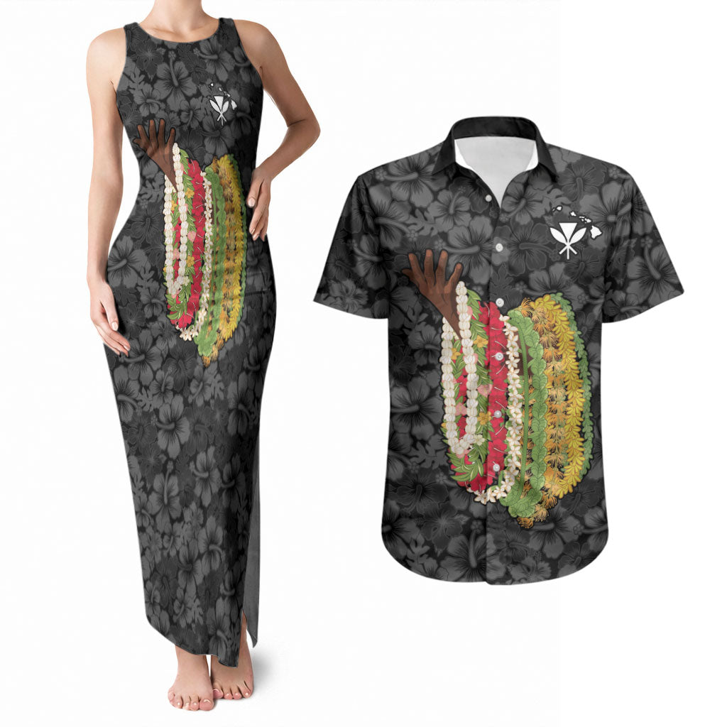 Hawaii Lei Kamehameha Couples Matching Tank Maxi Dress and Hawaiian Shirt Ele'ele Seamless Pattern Hibiscus Flower LT9 Black - Polynesian Pride