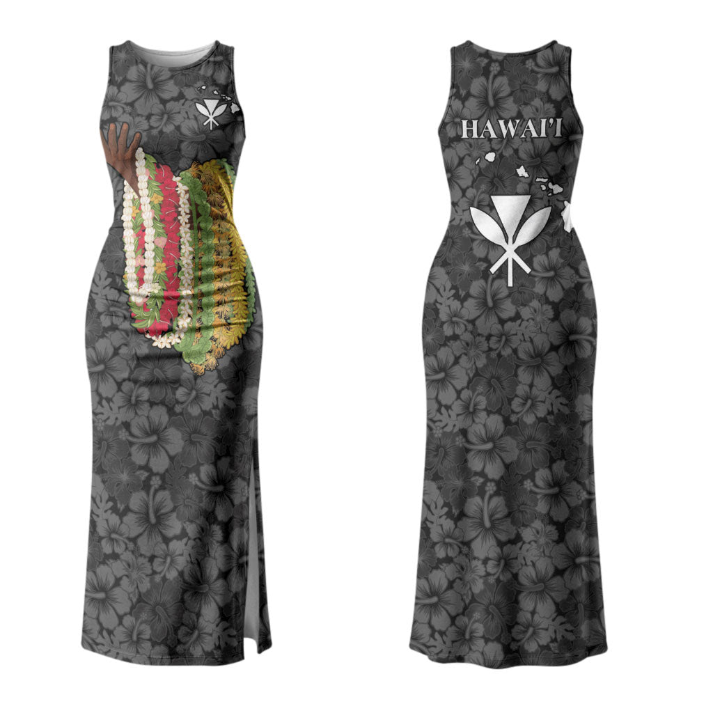 Hawaii Lei Kamehameha Couples Matching Tank Maxi Dress and Long Sleeve Button Shirt Ele'ele Seamless Pattern Hibiscus Flower LT9 - Polynesian Pride