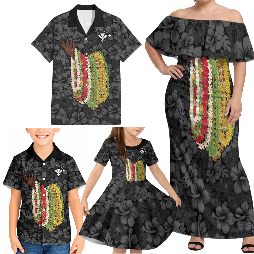 Hawaii Lei Kamehameha Family Matching Off Shoulder Maxi Dress and Hawaiian Shirt Ele'ele Seamless Pattern Hibiscus Flower LT9 - Polynesian Pride