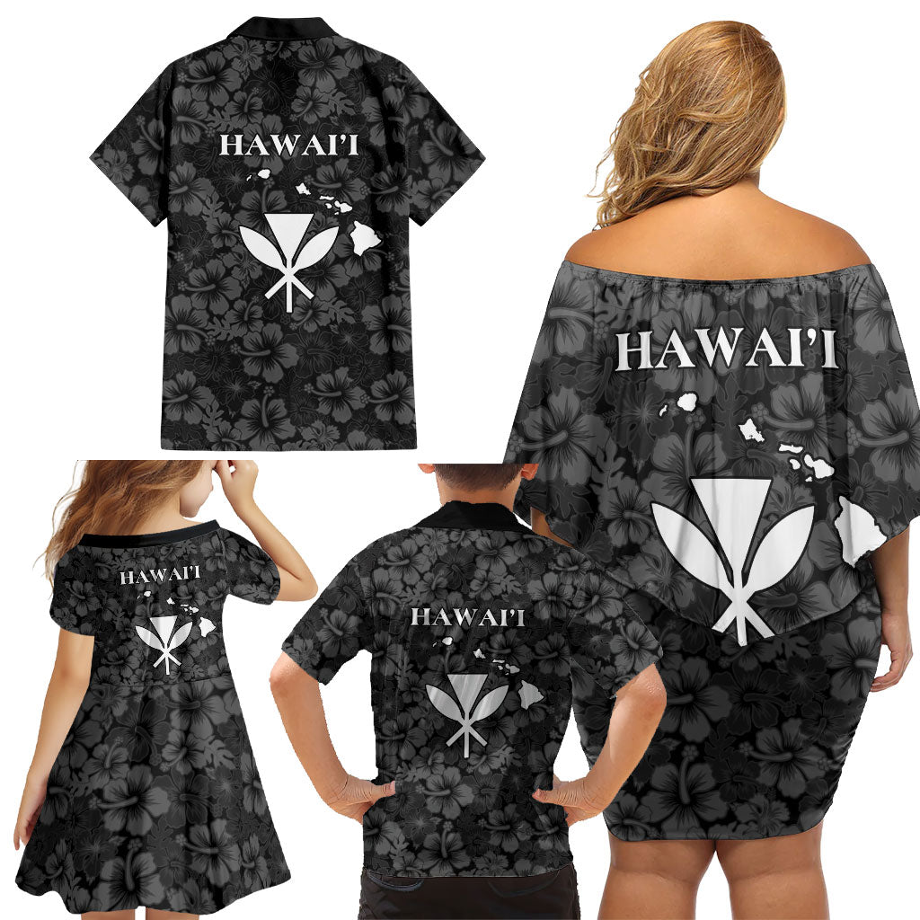 Hawaii Lei Kamehameha Family Matching Off Shoulder Short Dress and Hawaiian Shirt Ele'ele Seamless Pattern Hibiscus Flower