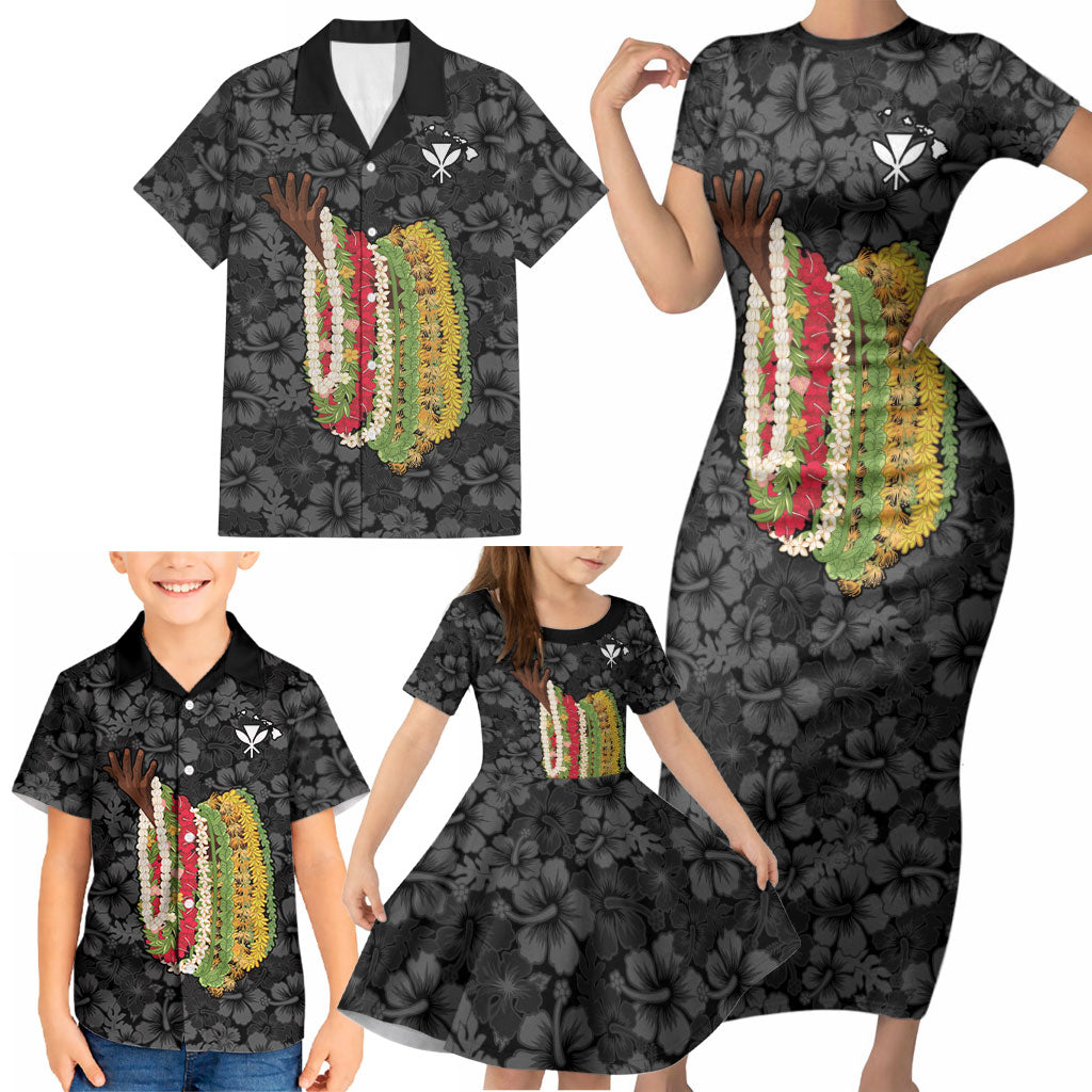 Hawaii Lei Kamehameha Family Matching Short Sleeve Bodycon Dress and Hawaiian Shirt Ele'ele Seamless Pattern Hibiscus Flower LT9 - Polynesian Pride