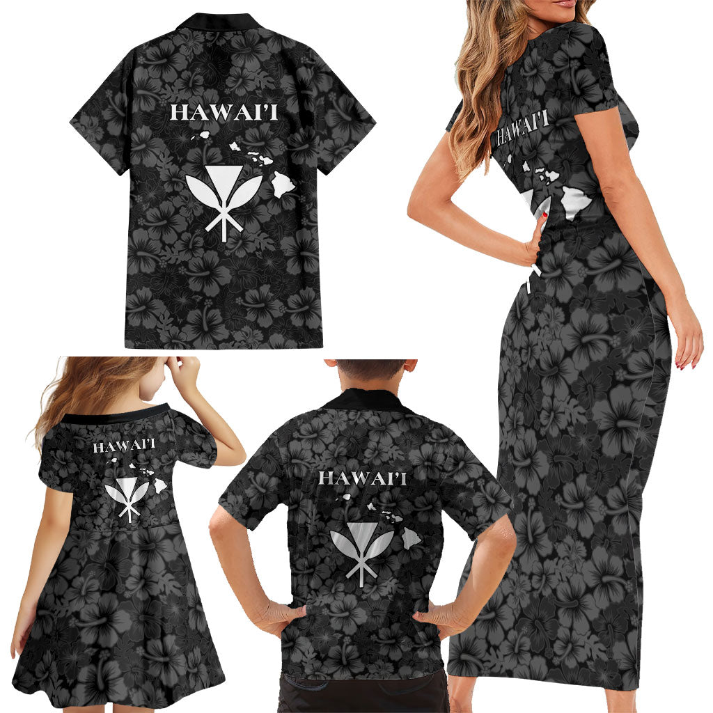 Hawaii Lei Kamehameha Family Matching Short Sleeve Bodycon Dress and Hawaiian Shirt Ele'ele Seamless Pattern Hibiscus Flower