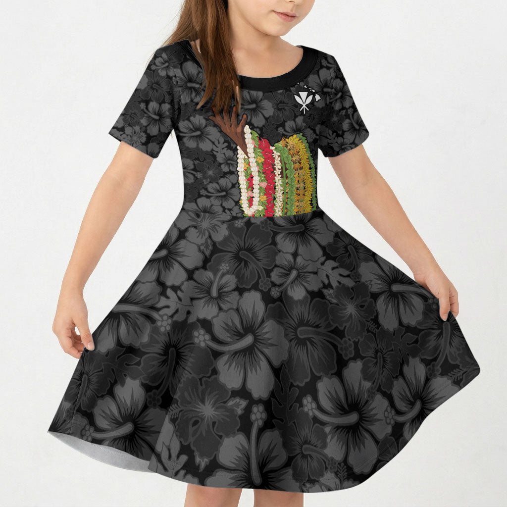 Hawaii Lei Kamehameha Kid Short Sleeve Dress Ele'ele Seamless Pattern Hibiscus Flower LT9 KID Black - Polynesian Pride