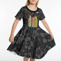 Hawaii Lei Kamehameha Kid Short Sleeve Dress Ele'ele Seamless Pattern Hibiscus Flower LT9 - Polynesian Pride