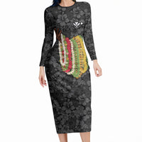Hawaii Lei Kamehameha Long Sleeve Bodycon Dress Ele'ele Seamless Pattern Hibiscus Flower LT9 Long Dress Black - Polynesian Pride
