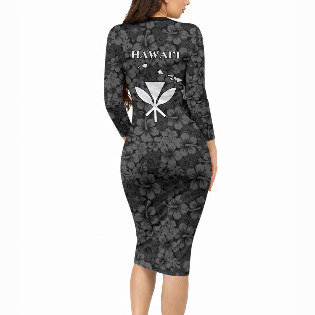 Hawaii Lei Kamehameha Long Sleeve Bodycon Dress Ele'ele Seamless Pattern Hibiscus Flower LT9 - Polynesian Pride