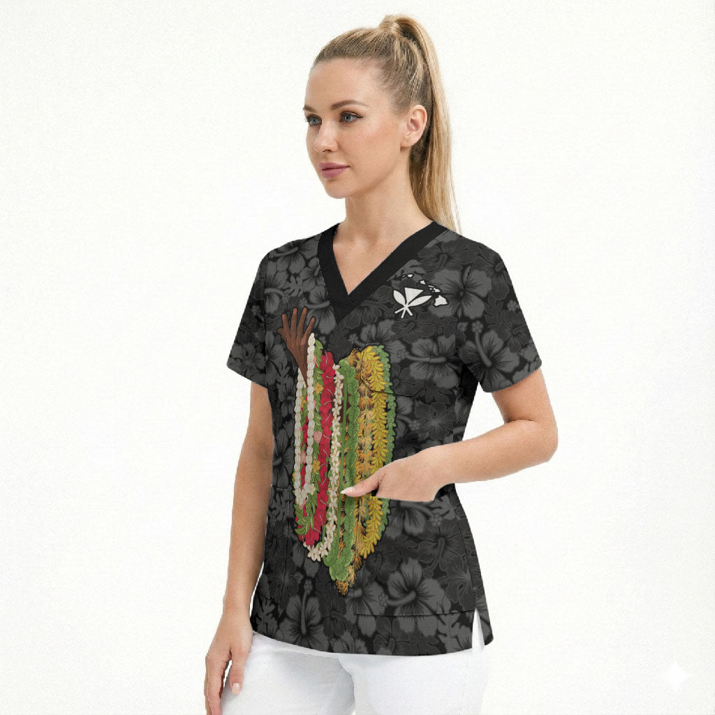 Hawaii Lei Kamehameha Scrub Top Ele'ele Seamless Pattern Hibiscus Flower