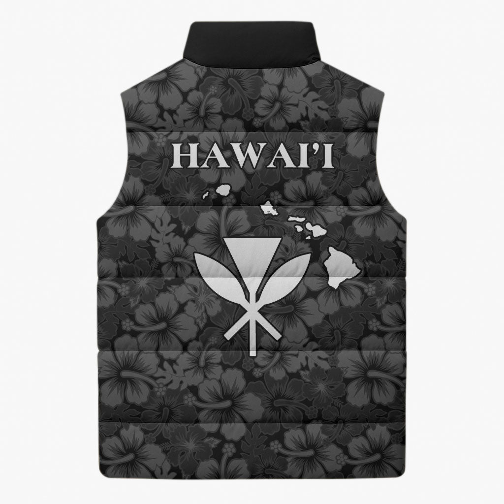 Hawaii Lei Kamehameha Sleeveless Puffer Jacket Ele'ele Seamless Pattern Hibiscus Flower