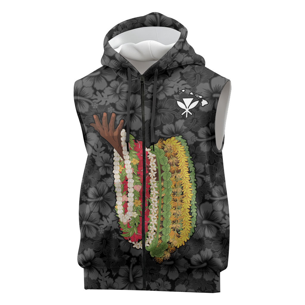 Hawaii Lei Kamehameha Sleeveless Zip Hoodie Ele'ele Seamless Pattern Hibiscus Flower LT9 Black - Polynesian Pride