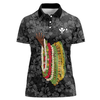 Hawaii Lei Kamehameha Women Polo Shirt Ele'ele Seamless Pattern Hibiscus Flower LT9 Female Black - Polynesian Pride
