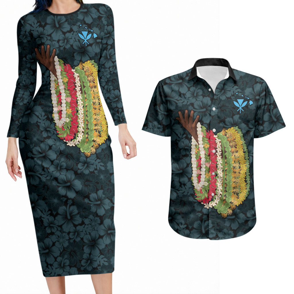 Hawaii Lei Kamehameha Couples Matching Long Sleeve Bodycon Dress and Hawaiian Shirt Uliuli Seamless Pattern Hibiscus Flower LT9 Blue - Polynesian Pride