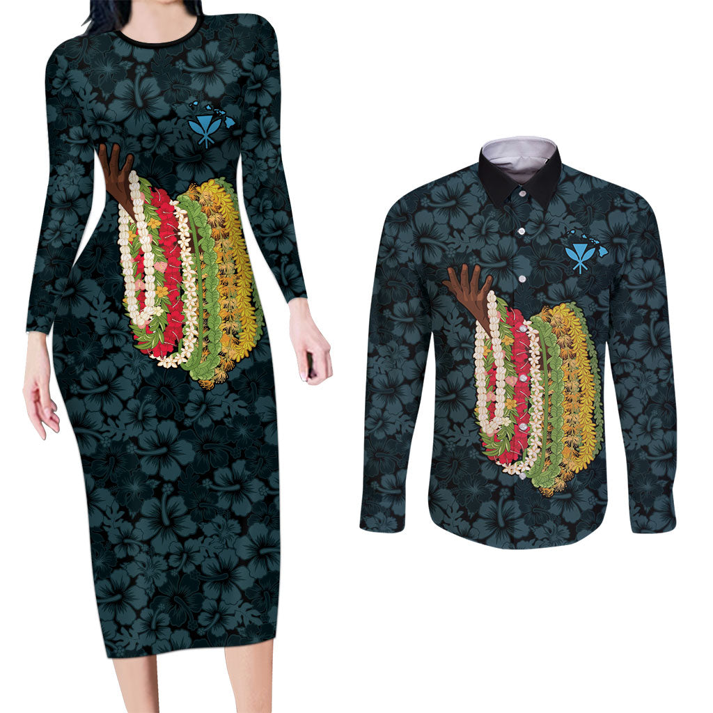 Hawaii Lei Kamehameha Couples Matching Long Sleeve Bodycon Dress and Long Sleeve Button Shirt Uliuli Seamless Pattern Hibiscus Flower