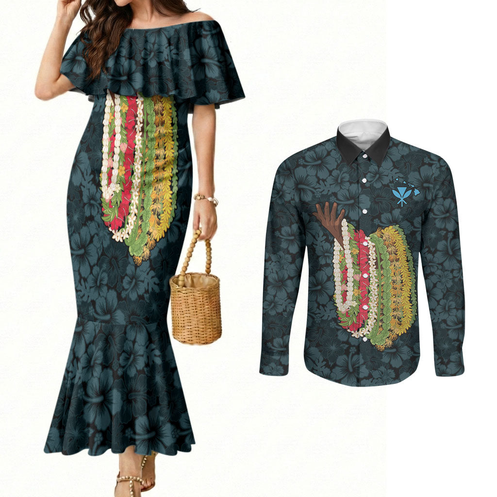 Hawaii Lei Kamehameha Couples Matching Mermaid Dress and Long Sleeve Button Shirt Uliuli Seamless Pattern Hibiscus Flower LT9 Blue - Polynesian Pride