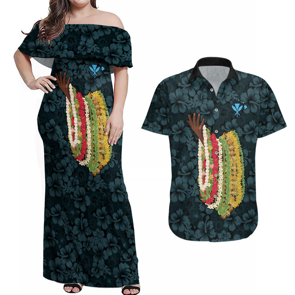 Hawaii Lei Kamehameha Couples Matching Off Shoulder Maxi Dress and Hawaiian Shirt Uliuli Seamless Pattern Hibiscus Flower