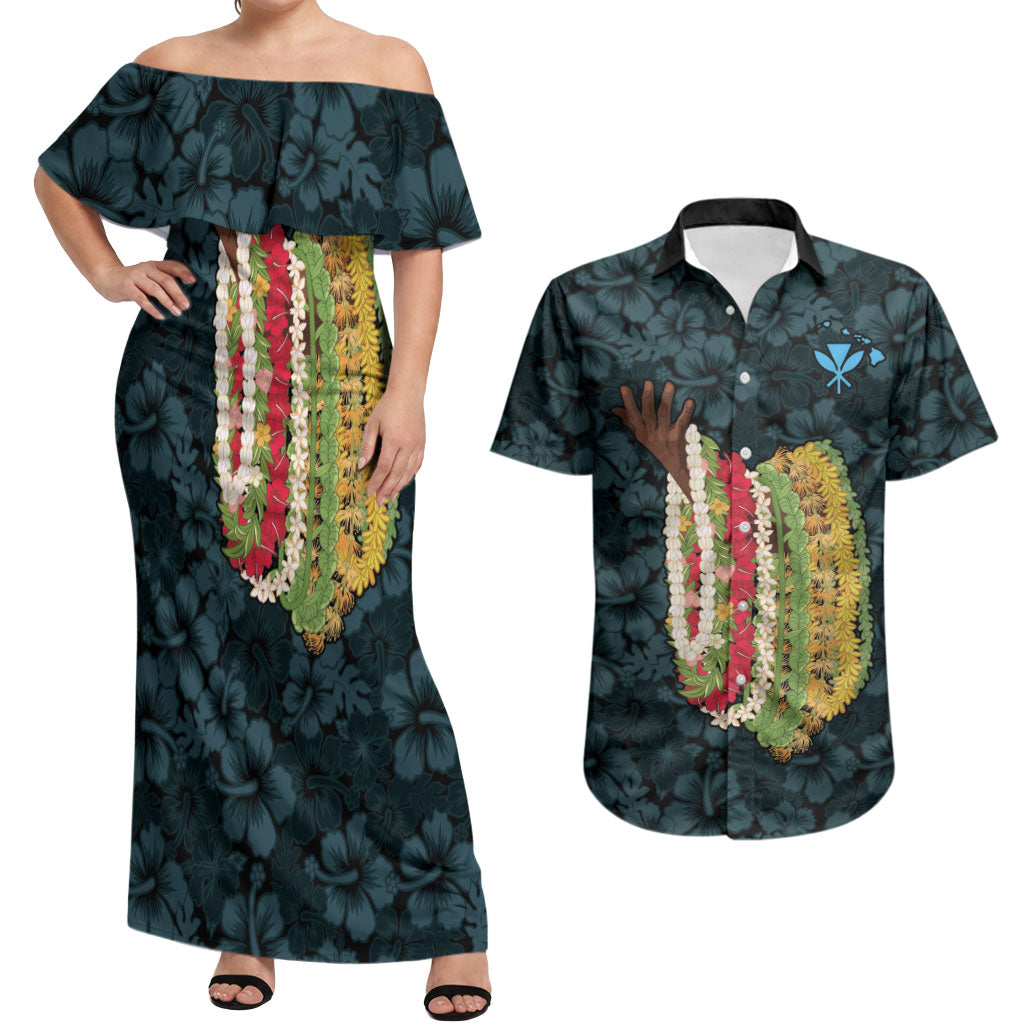 Hawaii Lei Kamehameha Couples Matching Off Shoulder Maxi Dress and Hawaiian Shirt Uliuli Seamless Pattern Hibiscus Flower LT9 Blue - Polynesian Pride