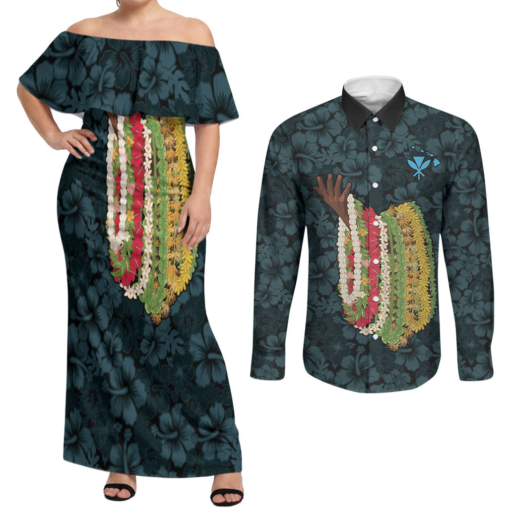 Hawaii Lei Kamehameha Couples Matching Off Shoulder Maxi Dress and Long Sleeve Button Shirt Uliuli Seamless Pattern Hibiscus Flower LT9 Blue - Polynesian Pride