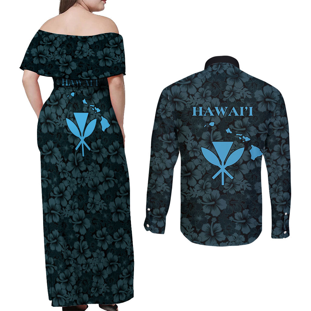 Hawaii Lei Kamehameha Couples Matching Off Shoulder Maxi Dress and Long Sleeve Button Shirt Uliuli Seamless Pattern Hibiscus Flower