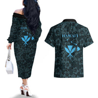 Hawaii Lei Kamehameha Couples Matching Off The Shoulder Long Sleeve Dress and Hawaiian Shirt Uliuli Seamless Pattern Hibiscus Flower