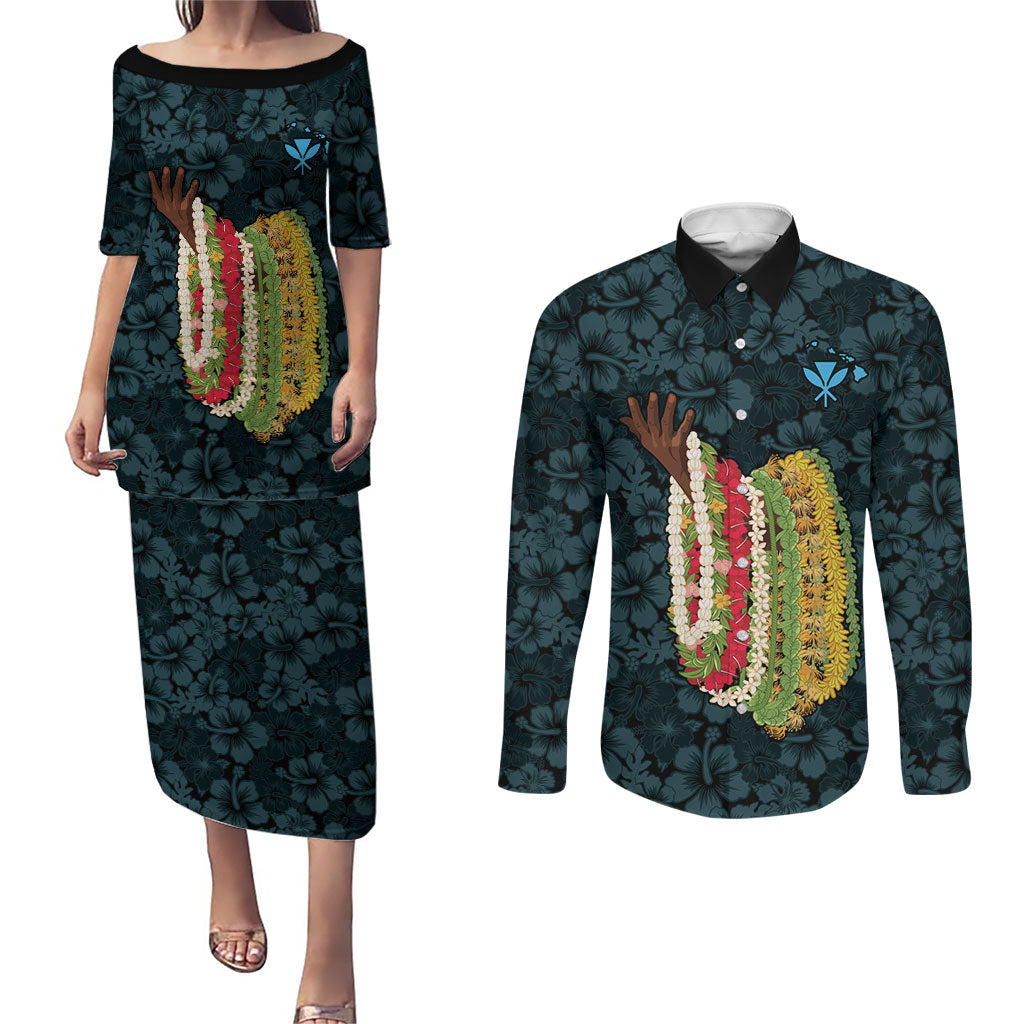 Hawaii Lei Kamehameha Couples Matching Puletasi and Long Sleeve Button Shirt Uliuli Seamless Pattern Hibiscus Flower