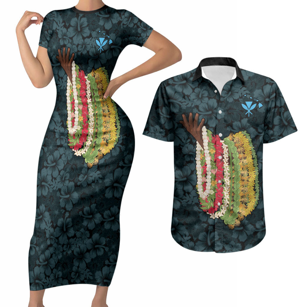 Hawaii Lei Kamehameha Couples Matching Short Sleeve Bodycon Dress and Hawaiian Shirt Uliuli Seamless Pattern Hibiscus Flower LT9 Blue - Polynesian Pride