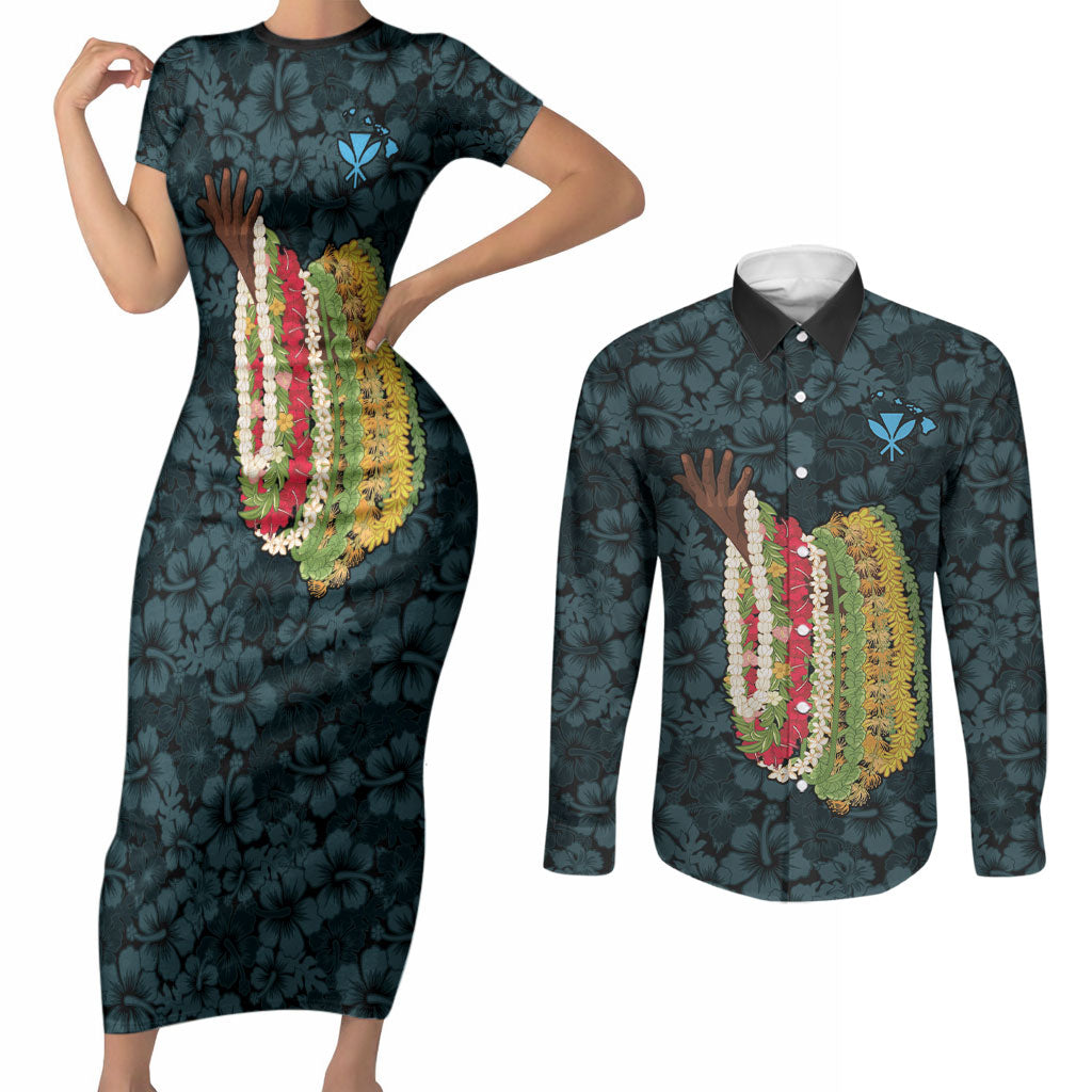 Hawaii Lei Kamehameha Couples Matching Short Sleeve Bodycon Dress and Long Sleeve Button Shirt Uliuli Seamless Pattern Hibiscus Flower LT9 Blue - Polynesian Pride