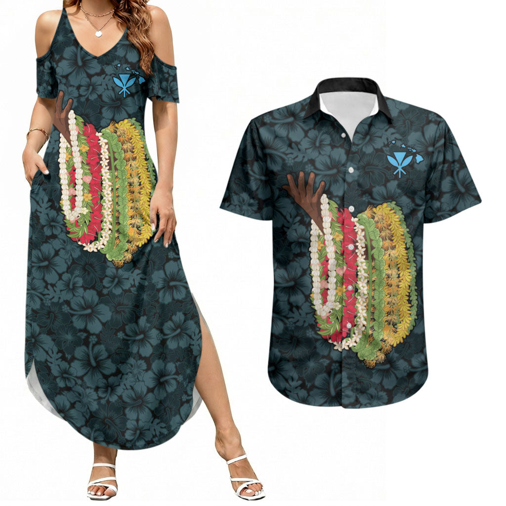Hawaii Lei Kamehameha Couples Matching Summer Maxi Dress and Hawaiian Shirt Uliuli Seamless Pattern Hibiscus Flower LT9 Blue - Polynesian Pride