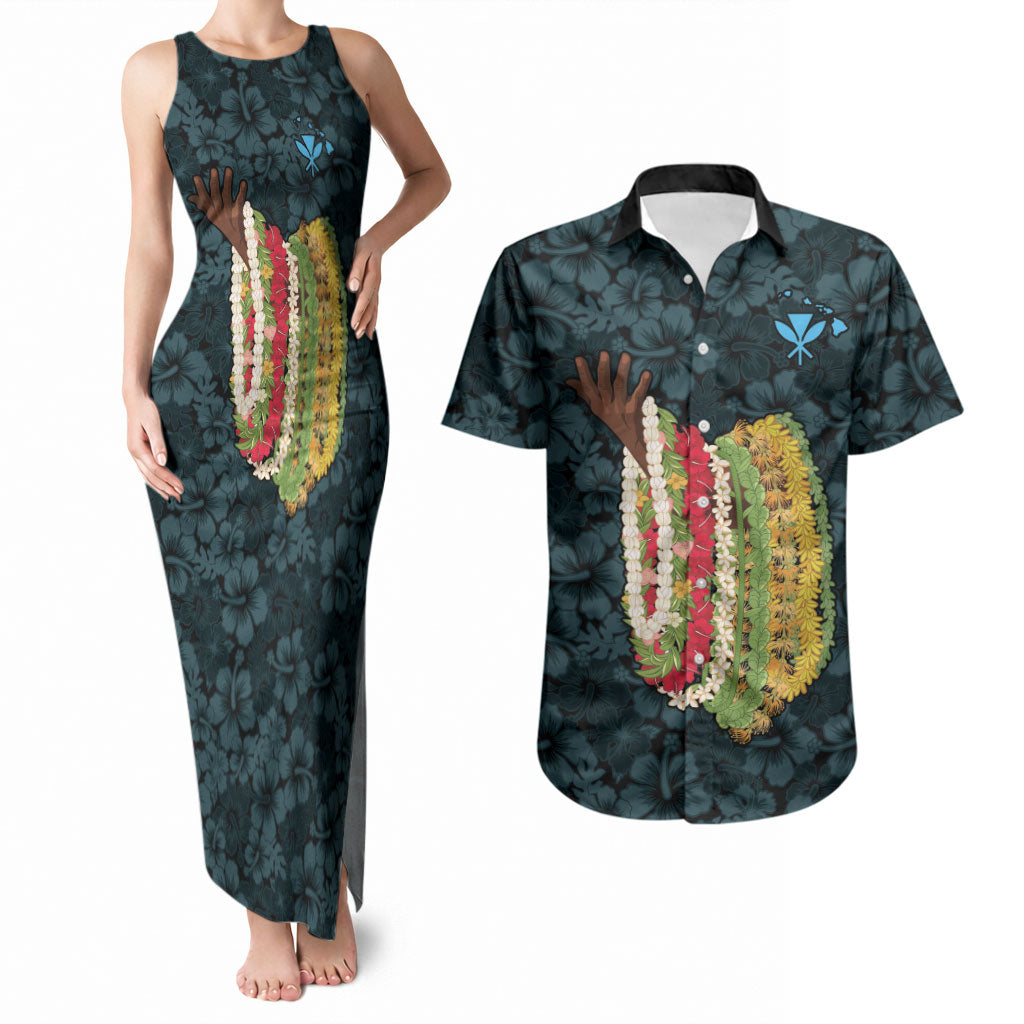 Hawaii Lei Kamehameha Couples Matching Tank Maxi Dress and Hawaiian Shirt Uliuli Seamless Pattern Hibiscus Flower LT9 Blue - Polynesian Pride