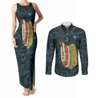Hawaii Lei Kamehameha Couples Matching Tank Maxi Dress and Long Sleeve Button Shirt Uliuli Seamless Pattern Hibiscus Flower LT9 Blue - Polynesian Pride