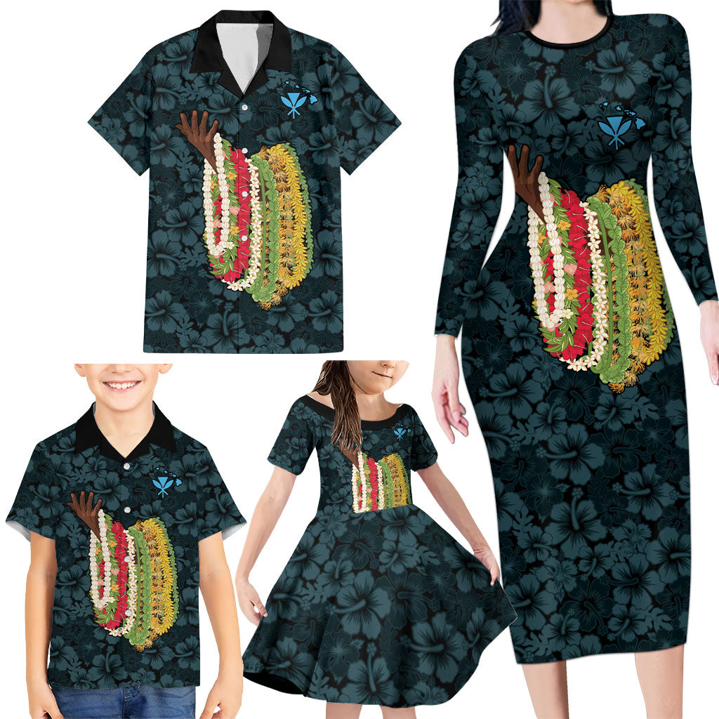 Hawaii Lei Kamehameha Family Matching Long Sleeve Bodycon Dress and Hawaiian Shirt Uliuli Seamless Pattern Hibiscus Flower