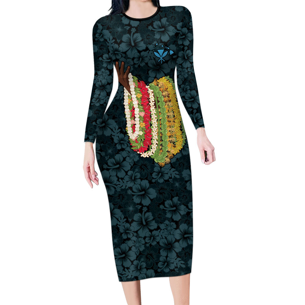 Hawaii Lei Kamehameha Family Matching Long Sleeve Bodycon Dress and Hawaiian Shirt Uliuli Seamless Pattern Hibiscus Flower