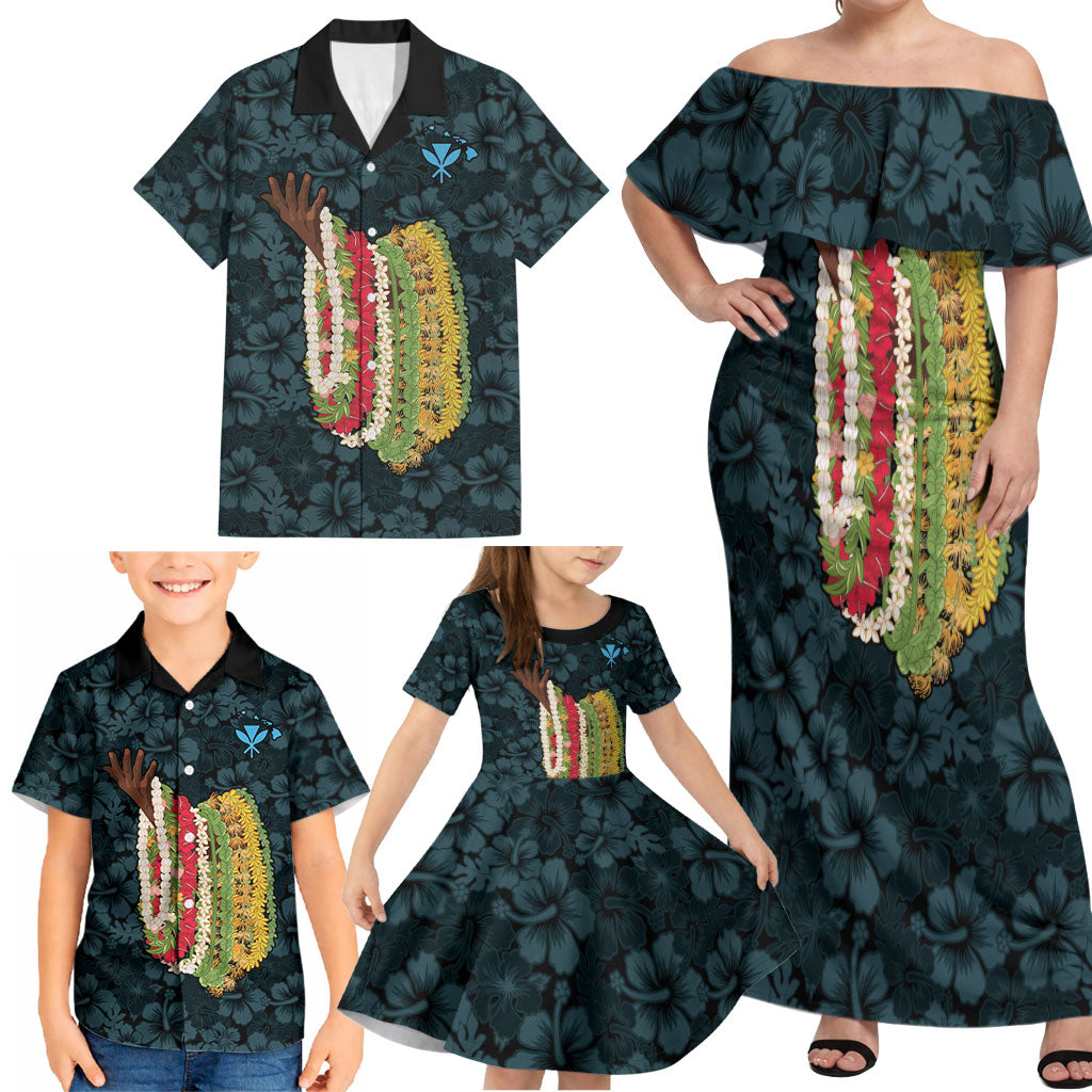Hawaii Lei Kamehameha Family Matching Off Shoulder Maxi Dress and Hawaiian Shirt Uliuli Seamless Pattern Hibiscus Flower LT9 - Polynesian Pride