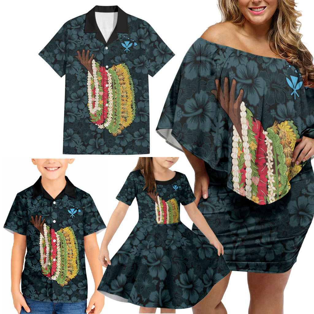 Hawaii Lei Kamehameha Family Matching Off Shoulder Short Dress and Hawaiian Shirt Uliuli Seamless Pattern Hibiscus Flower LT9 - Polynesian Pride