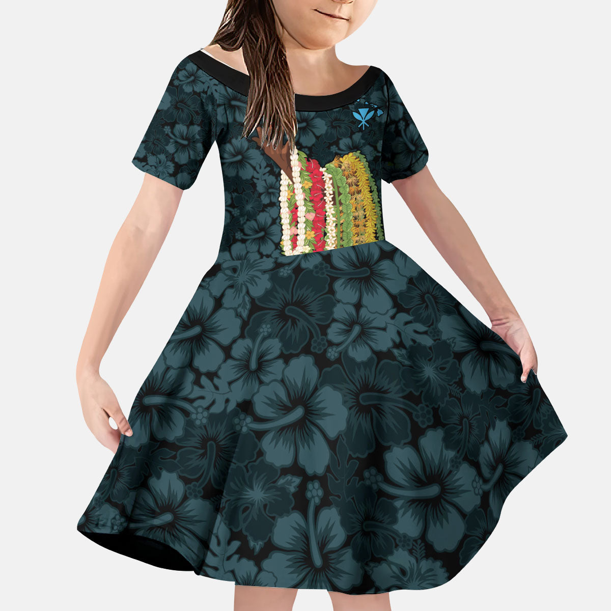 Hawaii Lei Kamehameha Kid Short Sleeve Dress Uliuli Seamless Pattern Hibiscus Flower