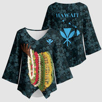 Hawaii Lei Kamehameha Kimono Sleeve Blouse Uliuli Seamless Pattern Hibiscus Flower