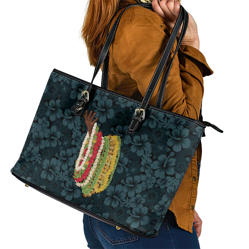 Hawaii Lei Kamehameha Leather Tote Bag Uliuli Seamless Pattern Hibiscus Flower