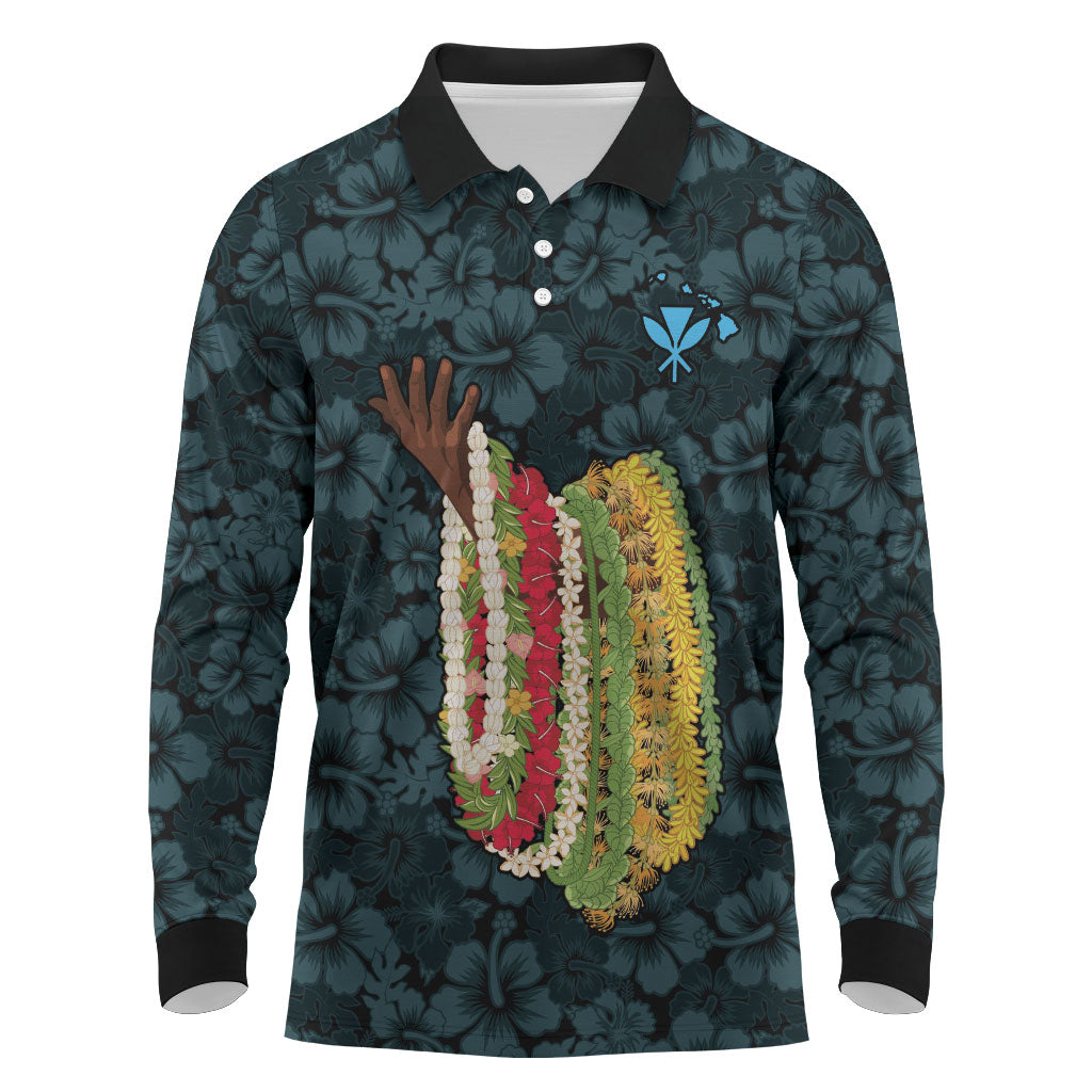 Hawaii Lei Kamehameha Long Sleeve Polo Shirt Uliuli Seamless Pattern Hibiscus Flower LT9 Blue - Polynesian Pride