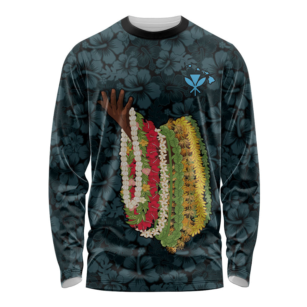 Hawaii Lei Kamehameha Long Sleeve Shirt Uliuli Seamless Pattern Hibiscus Flower LT9 Unisex Blue - Polynesian Pride