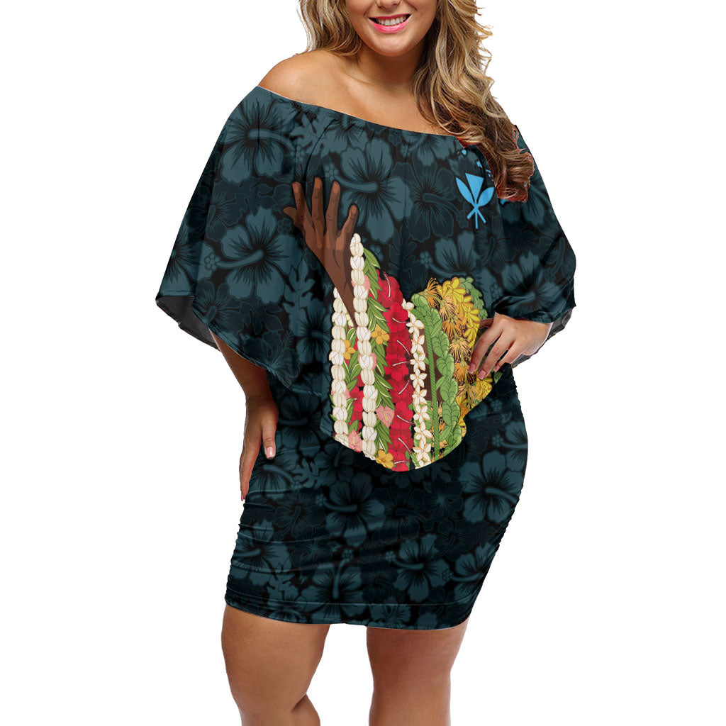 Hawaii Lei Kamehameha Off Shoulder Short Dress Uliuli Seamless Pattern Hibiscus Flower LT9 Women Blue - Polynesian Pride