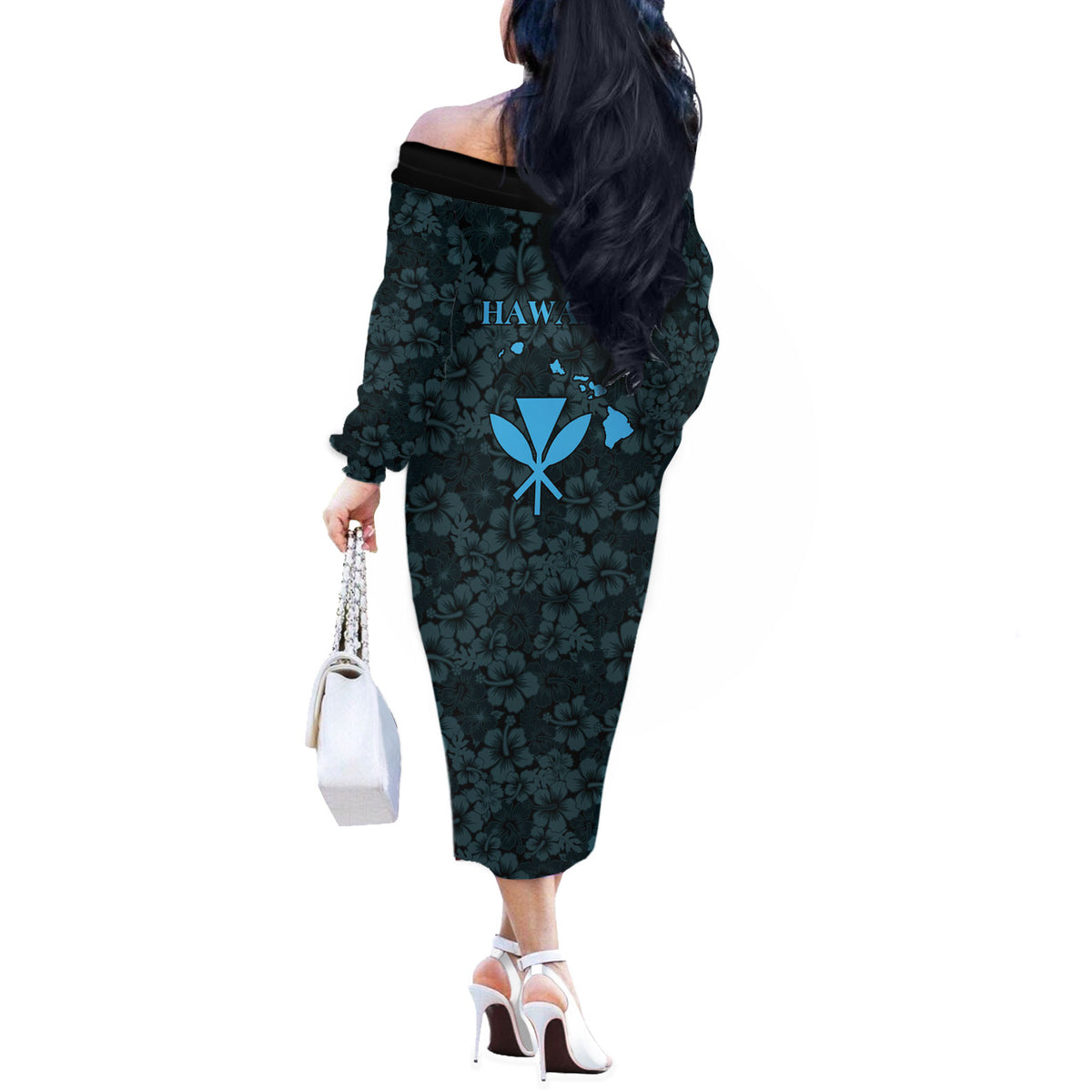 Hawaii Lei Kamehameha Off The Shoulder Long Sleeve Dress Uliuli Seamless Pattern Hibiscus Flower