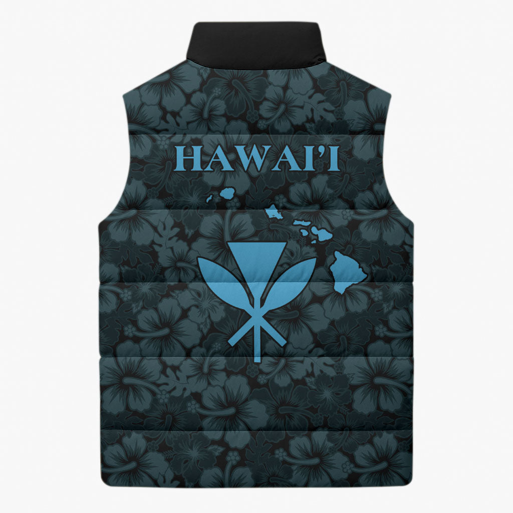 Hawaii Lei Kamehameha Sleeveless Puffer Jacket Uliuli Seamless Pattern Hibiscus Flower